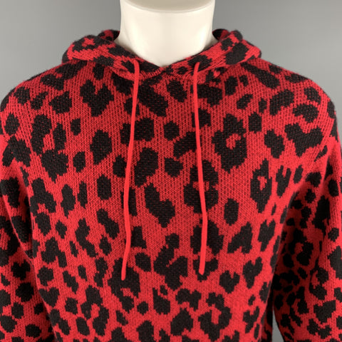 R13 Size XS Red & Black Leopard  Print Cashmere Oversized Distressed Hooded Sweater