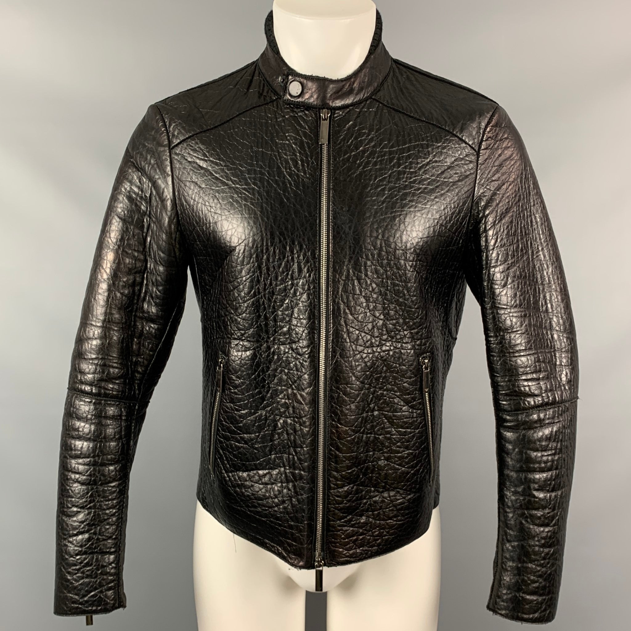 EMPORIO ARMANI Size 38 Black Textured Leather Zip Up Jacket – Sui