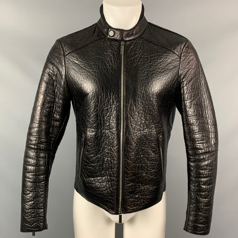 EMPORIO ARMANI Size 38 Black Textured Leather Zip Up Jacket