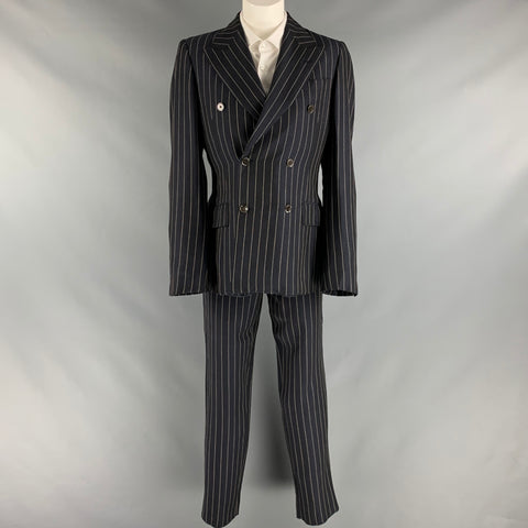 PRADA Taille 34 Costume plissé en lin et viscose à fines rayures crème marine