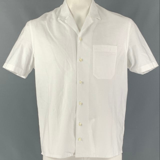 EIDOS Size L White Solid Cotton Camp Short Sleeve Shirt