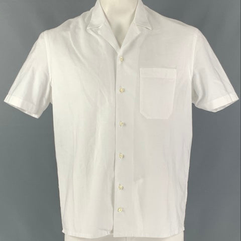 EIDOS Size L White Solid Cotton Camp Short Sleeve Shirt