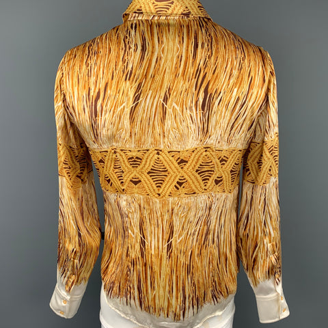 JUST CAVALLI Size L Gold & Brown Print Silk Button Up Long Sleeve Shirt
