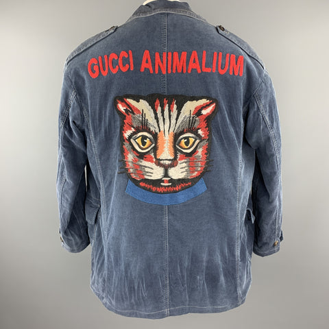 GUCCI Washed Navy Washed Corduroy Embroidered Cat ANIMALIUM Jacket