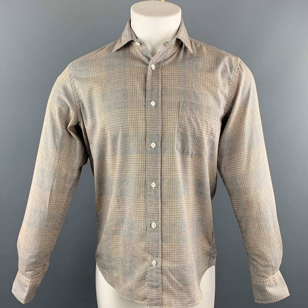 HARTFORD Size L Navy & Gold Glenplaid Cotton Button Up Long Sleeve Shirt