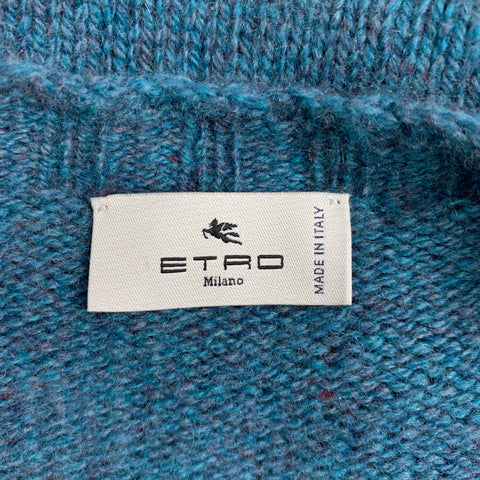 ETRO Size S Blue Grey Knitted Cashmere Crew-Neck Sweater