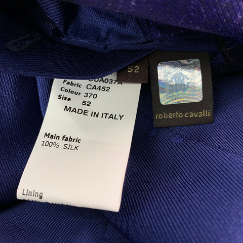 ROBERTO CAVALLI Size 42 Black Purple Print Silk Peak Lapel Sport Coat