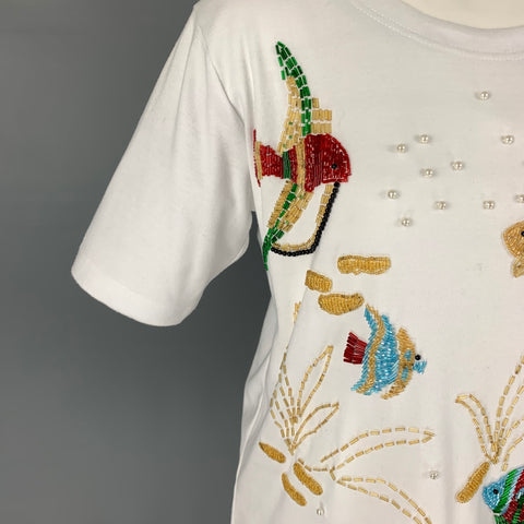 BOB MACKIE Size S White Multi-Color Polyester Cotton Beaded T-Shirt