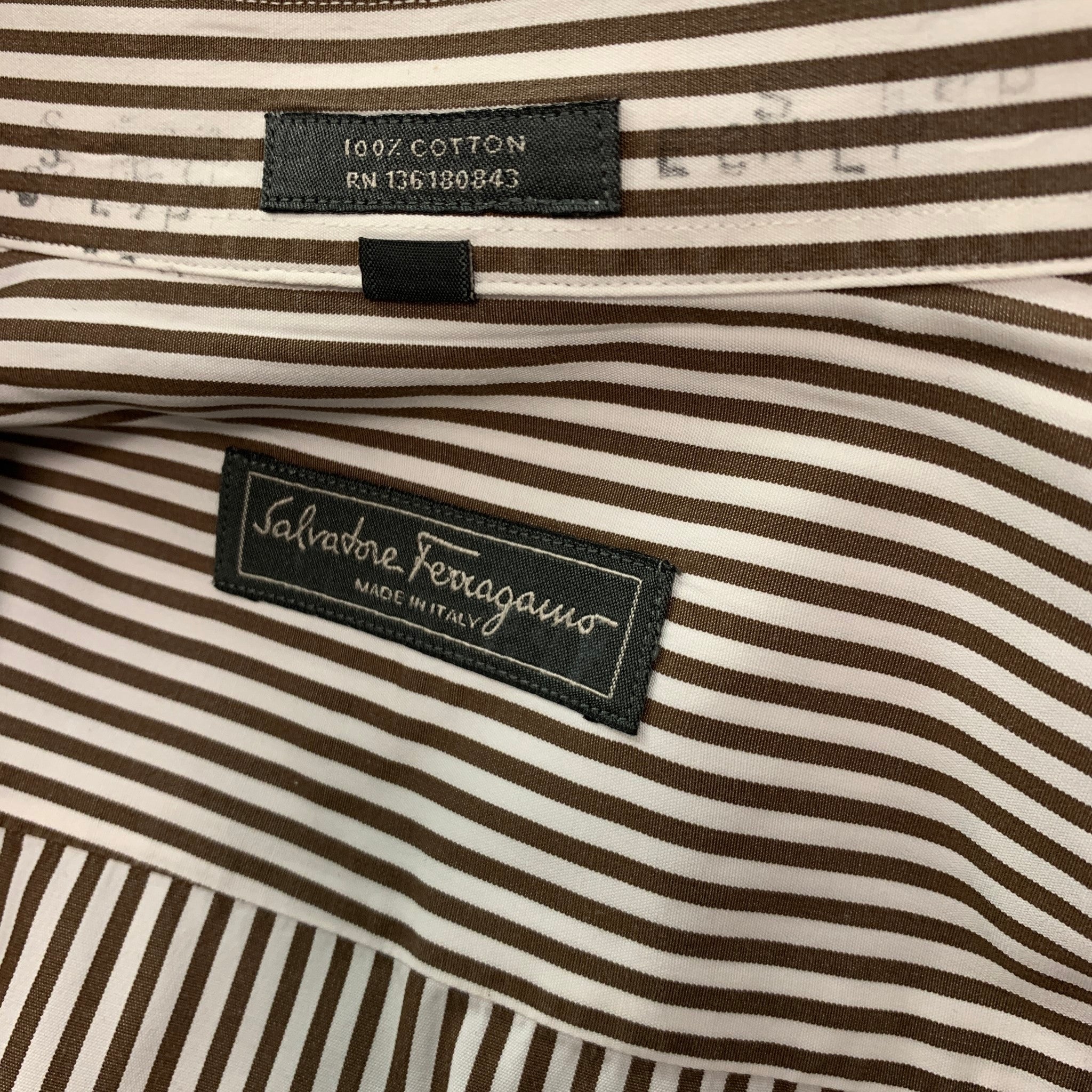 SALVATORE FERRAGAMO Size L Brown White Stripe Cotton Long SALVATORE FERRAGAMO Size L Brown White Stripe Cotton Long