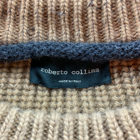 ROBERTO COLLINA Size L Tan & Grey Knitted Wool Blend Crew-Neck Sweater