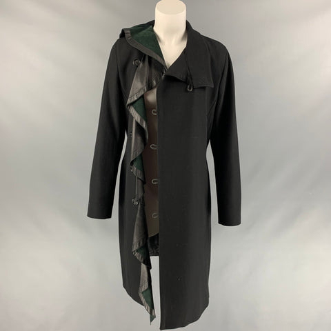 DIRK BIKKEMBERGS Size 6 Black Wool Blend Leather Ruffle Trim Coat