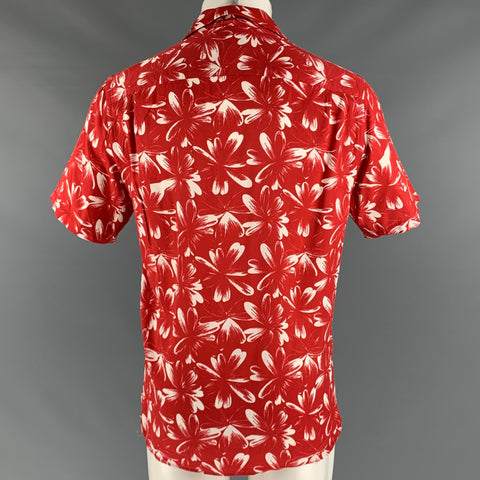 THE KOOPLES Size S Red White Abstract Floral Viscose Short Sleeve Shirt