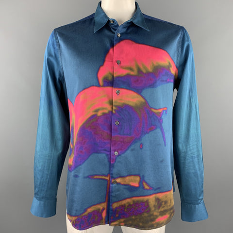 PAUL SMITH Size XXL Blue & Pink Flamingo Print Cotton Button Up Long Sleeve Shirt