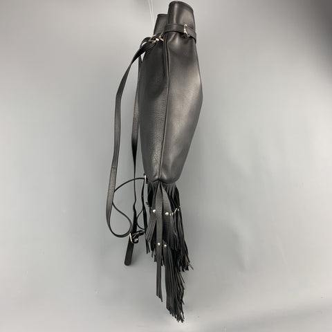 ROBERTO CAVALLI Black Leather Studded Fring Bucket Backpack