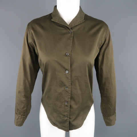 PAUL HARNDEN Size S Olive Cotton Pointed Lapel Collar Blouse