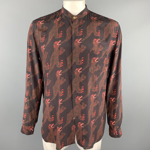 PAUL SMITH Size XL Brown & Red Print Cupro / Cotton Long Sleeve Shirt