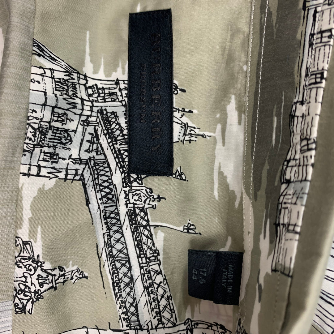 BURBERRY PRORSUM Fall 2014 Size XL Taupe & Beige London Landmark Print Cotton Silk Long Sleeve Shirt