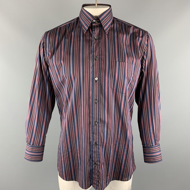 DOLCE & GABBANA Size L Black & Purple Stripe Cotton Button Up Long Sleeve Shirt