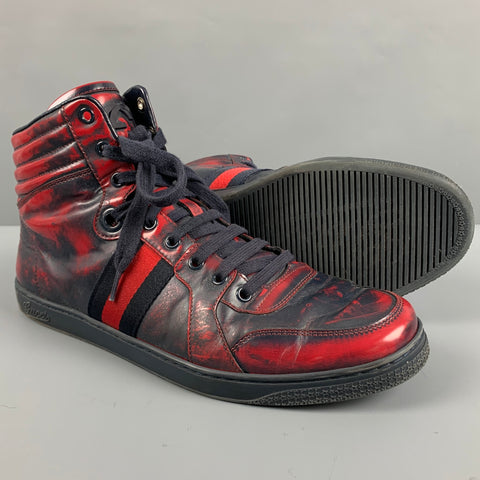GUCCI Size 9.5 Red Navy Marbled Leather High Top Sneakers