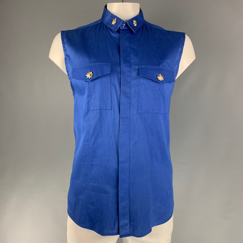 VERSACE COLLECTION Size XL Royal Blue Solid Cotton / Elastane Short Sleeve Shirt