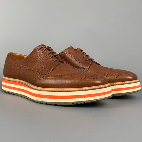 PRADA Size 11 Tan Perforated Leather Platform Lace Up Shoes