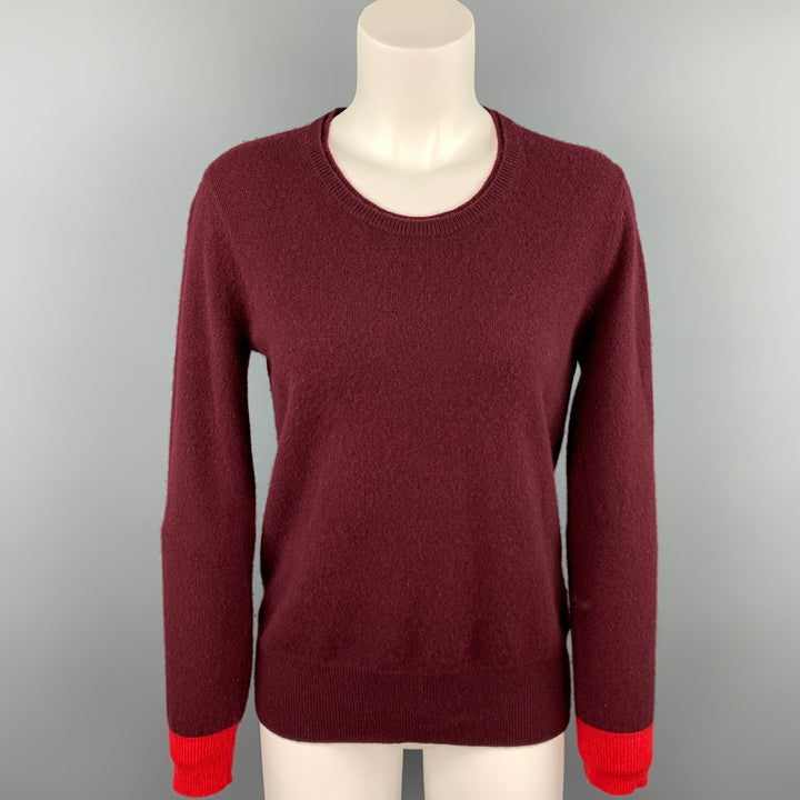 BURBERRY BRIT Size S Burgundy Knitted Color Block Cashmere Crew-Neck Sweater