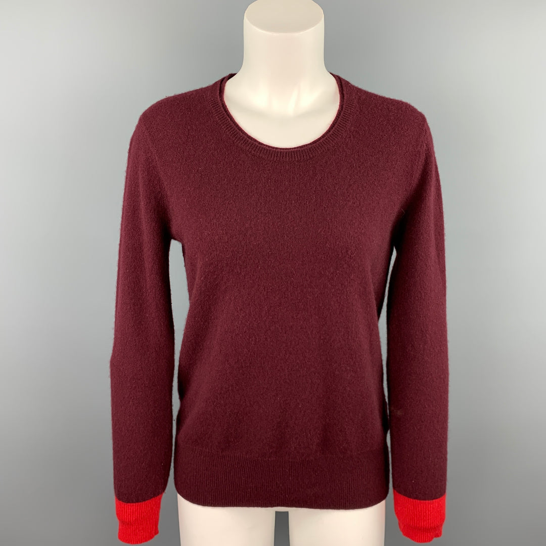 BURBERRY BRIT Size S Burgundy Knitted Color Block Cashmere Crew-Neck Sweater