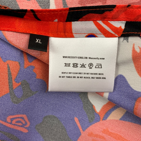 NECESSITY SENSE Size XL Orange Multi-Color Print Silk Long Sleeve Shirt