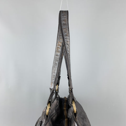 GIORGIO BRATO Distressed Gunmetal Metallic Leather Satchel Handbag