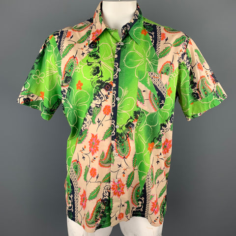 HUGO BOSS Size XL Green Print Cotton Short Sleeve Shirt