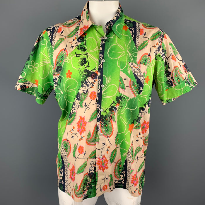 HUGO BOSS Size XL Green Print Cotton Short Sleeve Shirt