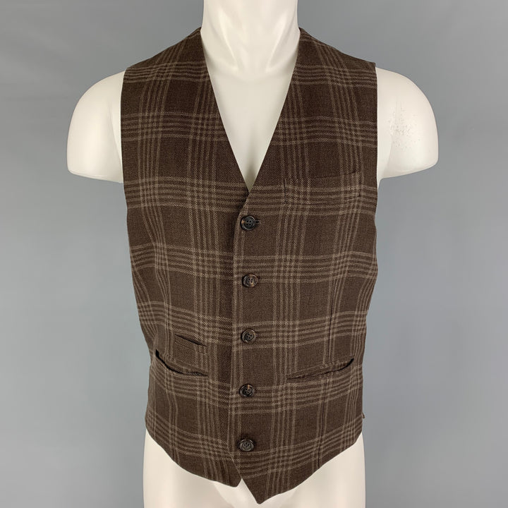 BRUNELLO CUCINELLI Size M Brown Plaid Linen Blend Buttoned Vest