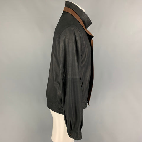 REMY Size 40 Black Brown Contrast Stitch Leather Zip Up Jacket