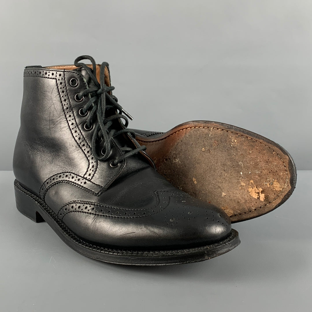 GRENSON Size 9 Black Perforated Leather Wingtip Boots