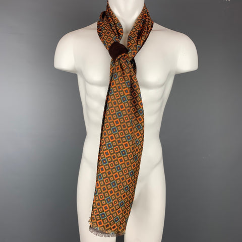 BARNEY'S NEW YORK Brown & Orange Rhombus Wool / Silk Scarf