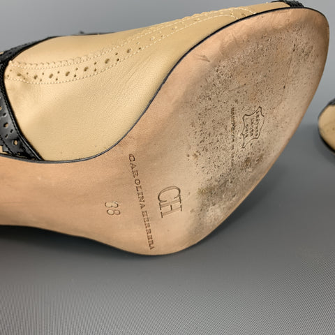 CAROLINA HERRERA Size 8 Beige & Back Leather Peep Toe Oxford Booties