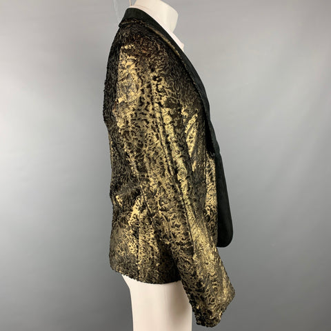 ROBERTO CAVALLI Size 42 Gold & Black Laser Pony Jacquard Leather Shawl Collar Sport Coat
