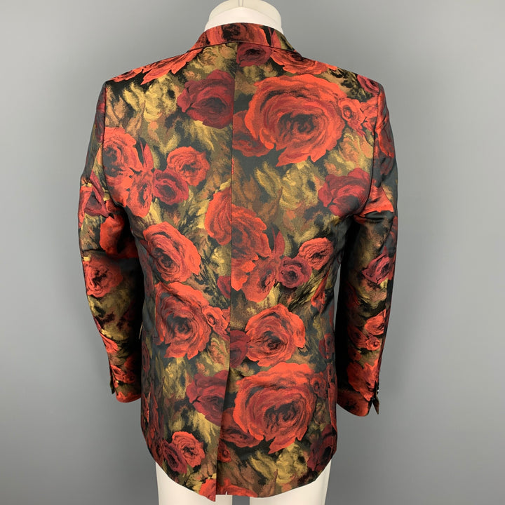 LORDS & FOOLS Size 44 Red & Gold Floral Polyester Notch Lapel Sport Coat