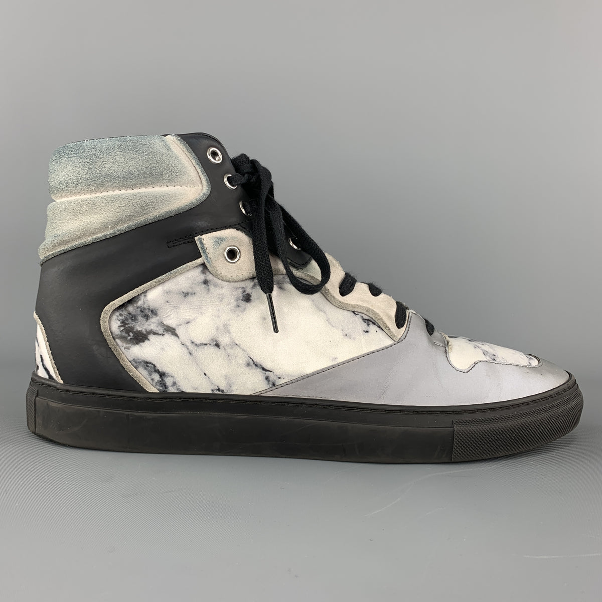 BALENCIAGA Size 10 Gray Print Marble Leather Reflective High Top 