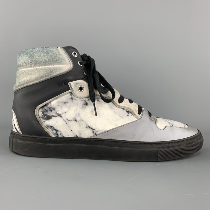 BALENCIAGA Size 10 Gray Print Marble Leather Reflective High Top Sneakers