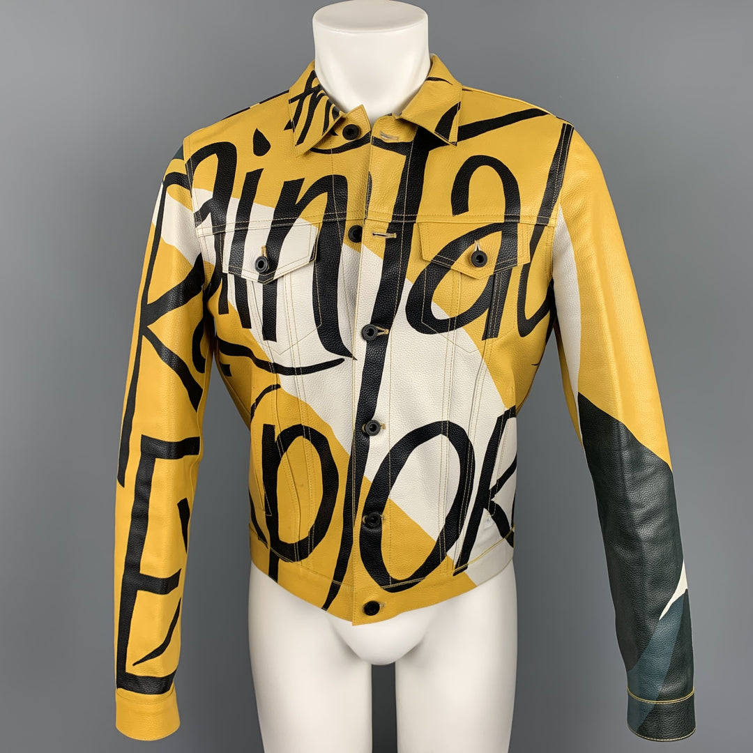 BURBERRY PRORSUM Spring 2015 Size 38 Antique Yellow Book Cover Print Leather Buttoned Jacket