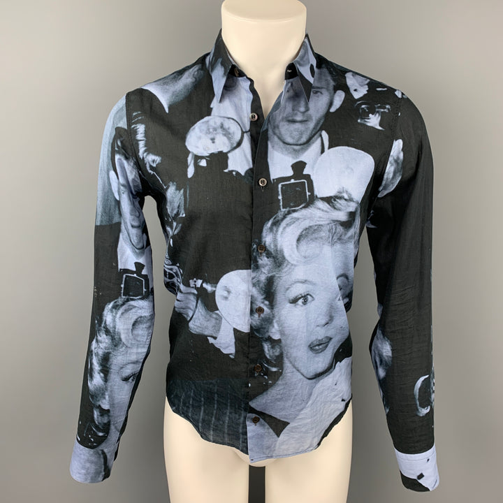 DRIES VAN NOTEN S/S 16 Taille S Noir &amp; Bleu Marilyn Monroe Imprimé Coton Boutonné Chemise à manches longues