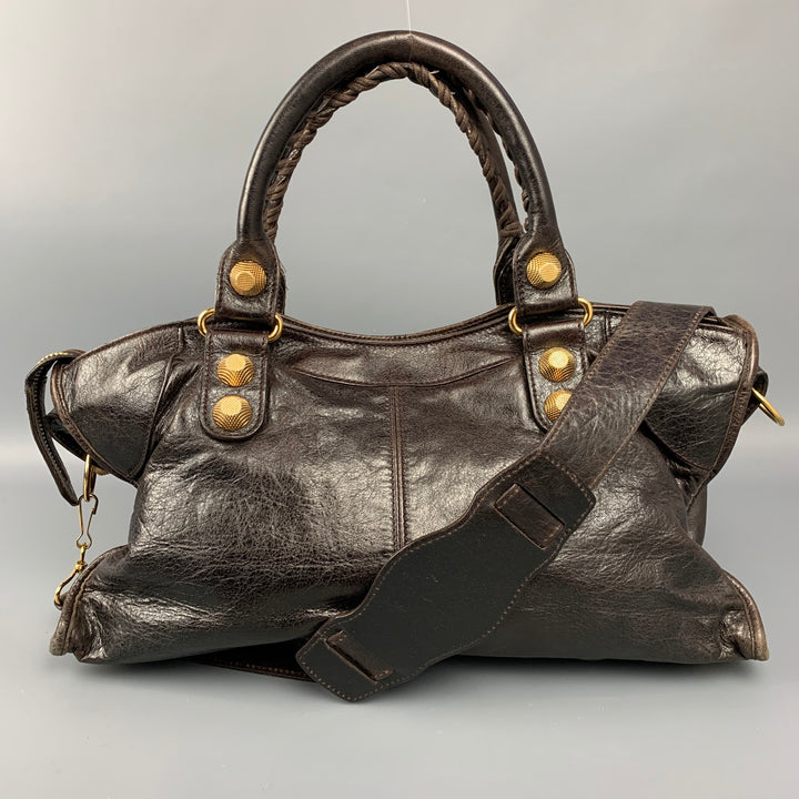 BALENCIAGA City Giant Studs Medium Brown Leather Satchel Handbag