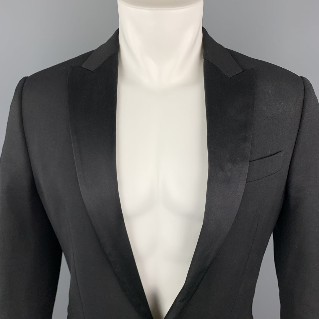 DSQUARED2 Size 40 Black Wool Blend Satin Peak Lapel Tuxedo Jacket