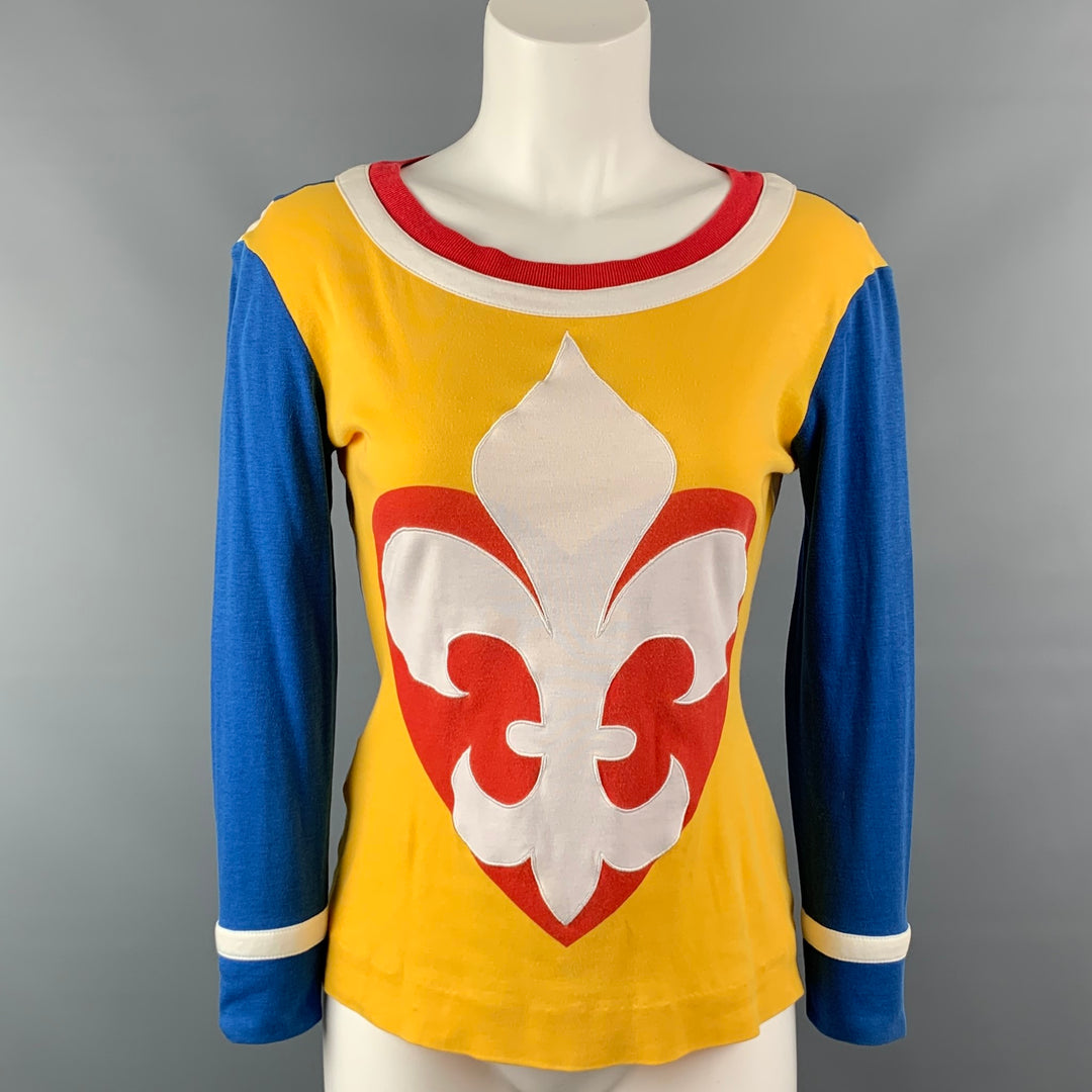 Vintage 1989 MOSCHINO COUTURE Cruise Me Baby Collection Size 8 Blue & Yellow Fleur de Lis Print Cotton Pullover