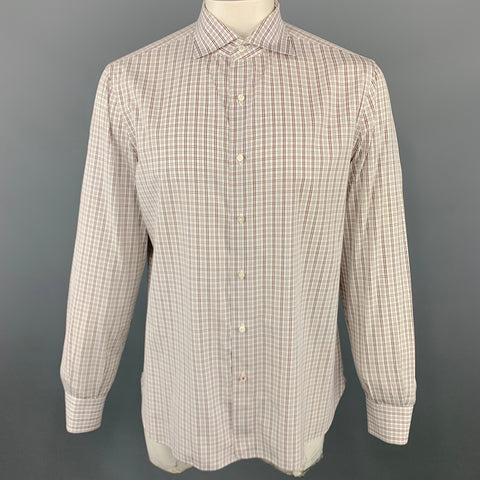 ISAIA Taille XL Chemise à manches longues boutonnée en coton blanc et marron à carreaux