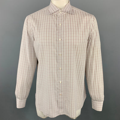 ISAIA Size XL Plaid White & Brown Cotton Button Up Long Sleeve Shirt