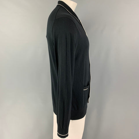 TODD SNYDER Size L Navy White Silk / Cotton Buttoned Cardigan