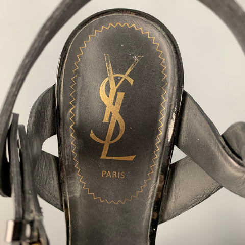 YVES SAINT LAURENT Size 8 Black Patent Leather Platform Sandals