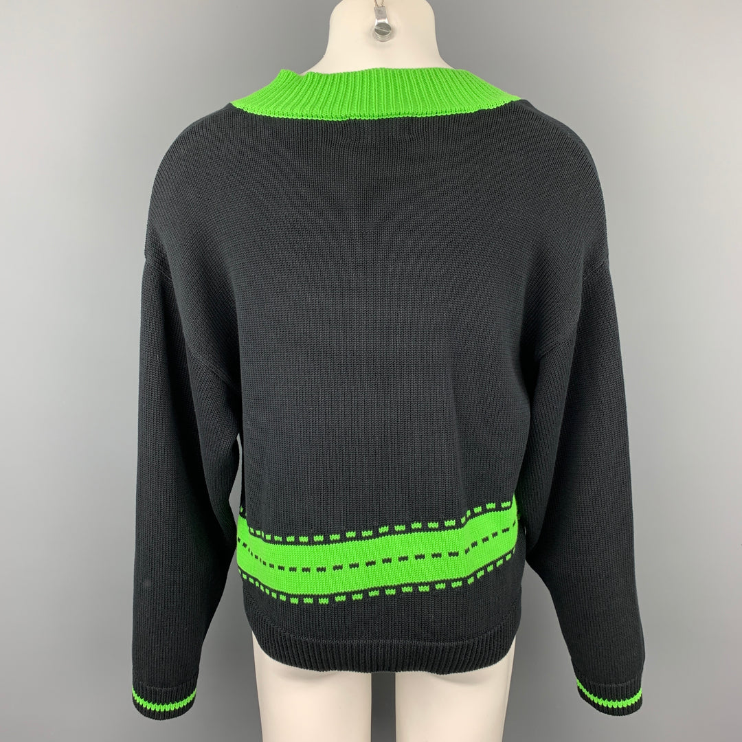 ATIVE Size L Black & Green Knitted Cotton V-Neck Sweater